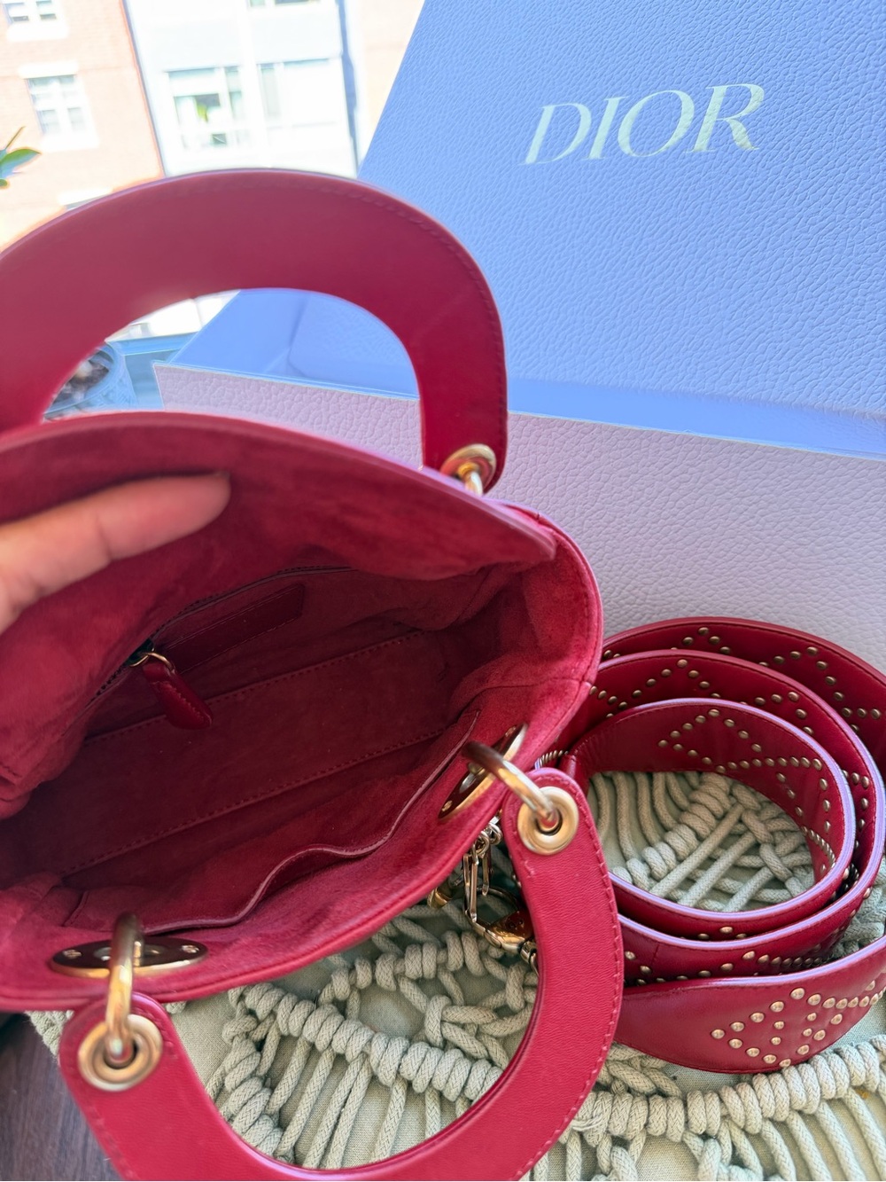 Dior Burgundy Studded Mini Lady Bag with Gold Hardware - Picture 8 of 9